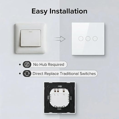 3-Way Smart Switch Wall Light Control Touch,App Remote Control,White | 3-Way WiFi BT 433MHz RF Tuya App control, Alexa Google voice, no hub, tempered glass touch panel for home indoor lights
