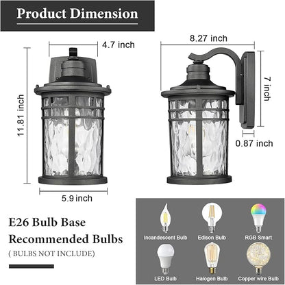 Darkaway Outdoor Porch Lights Wall Mount, Outside Light Fixtures Sconces Wall Lighting with Water Ripple Glass Waterproof Exterior Lights for Patio Yard House Hallway Doorway Garage