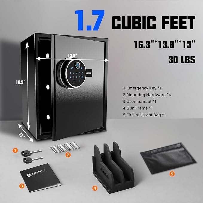 XDeer Biometric Safe with Fireproof Bag, 1.69 CuFt Home Safe with APP | Fingerprint/APP/Backlit Keypad/Keys, LED Light, Adjustable Shelf & Gun Frame, Smart Money Safe for Cash/Jewelry/Document