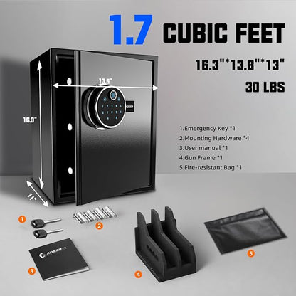 XDeer Biometric Safe with Fireproof Bag, 1.69 CuFt Home Safe with APP | Fingerprint/APP/Backlit Keypad/Keys, LED Light, Adjustable Shelf & Gun Frame, Smart Money Safe for Cash/Jewelry/Document