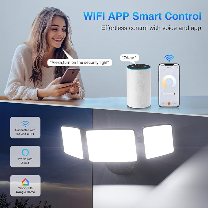 Onforu 100W Smart Flood Lights Outdoor, 3 Adjustable Heads, 9000LM Dimmable Hardwired Security Light, WiFi Alexa Control Floodlight, 2700K-6500K Tunable