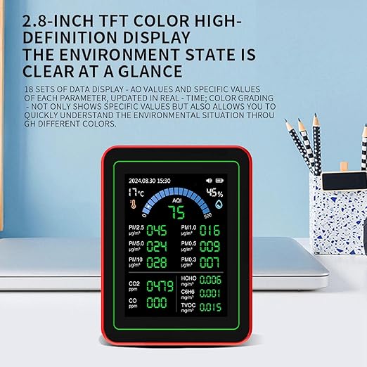 LiebeWH Air Quality Monitor Indoor 18 in 1 CO2 TVOC HCHO PM2.5 PM10 Indoor Air Quality Monitor Temp Humid Detect Tester Battery Powered Data Storage Black