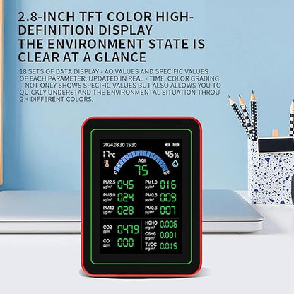 LiebeWH Air Quality Monitor Indoor 18 in 1 CO2 TVOC HCHO PM2.5 PM10 Indoor Air Quality Monitor Temp Humid Detect Tester Battery Powered Data Storage Black