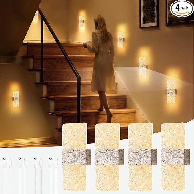 Motion Sensor Light Indoor, 4 Pack 2600 mAh Rechargeable Battery Operated Wall Sconce, 0-80LM Dimmable, 3 Color, Always-On And Dusk To Dawn Motion Mode, Wireless Led Night Light, Marble Color