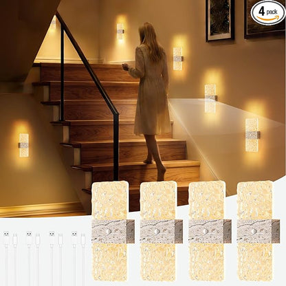 Motion Sensor Light Indoor, 4 Pack 2600 mAh Rechargeable Battery Operated Wall Sconce, 0-80LM Dimmable, 3 Color, Always-On And Dusk To Dawn Motion Mode, Wireless Led Night Light, Marble Color