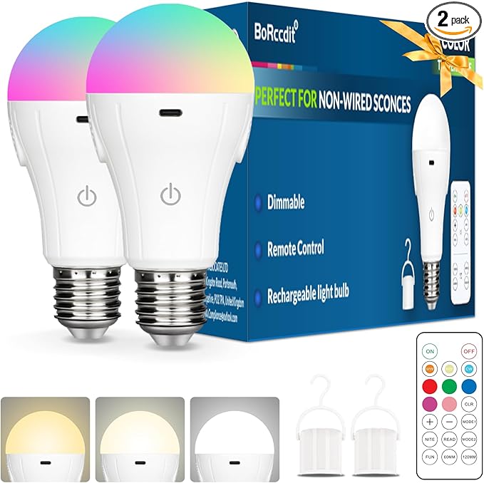 BoRccdit CordlessGlow Rechargeable Light Bulbs with Remote,5 RGB + 3 CCT Dimmable Battery Operated Light Bulb for Hardwired & Non-Hardwired Lamps Sconces,Presets + Custom Scenes,Up to 24 Hours, 2PK