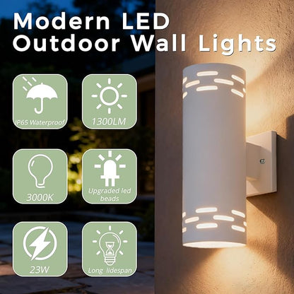 Dusk to Dawn Modern Outdoor Wall Lights 2 Pack, 12'' Up and Down LED Cylinder Exterior Lighting Fixtures, 23W 3000K IP65 Waterproof Wall Sconces for House, Garage, Patio, Porch, White