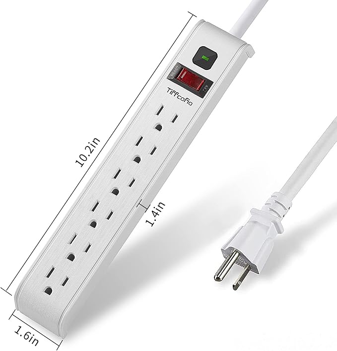 TiFFCOFiO Surge Protector Power Strip, 4 Feet Extension Cord, 600 Joules Surge Protection, Multiple Protection 6 Outlet Strip, 14 AWG Cord, 15A/1875W, ETL Listed, 2 Packs
