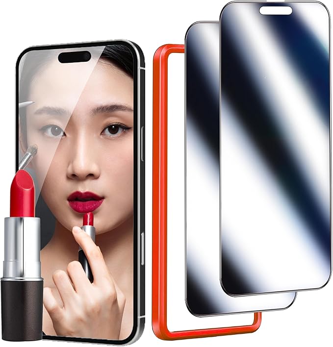 2 Pack Privacy Screen Protector for iPhone 16 Plus Mirrored Tempered Glass Film for iPhone 16Plus 6.7inch Anti Spy Mirror Effect with Easy Installation Alignment Frame (Silver)