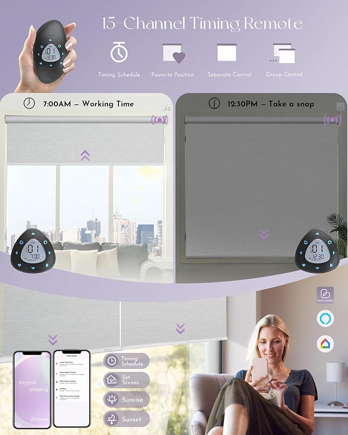 Graywind Motorized Shades 100% Blackout Work with Alexa Google WiFi Hardwired Smart Roller Shade Remote Control Automated Window Blinds with Valance, Customized Size (Pure White)