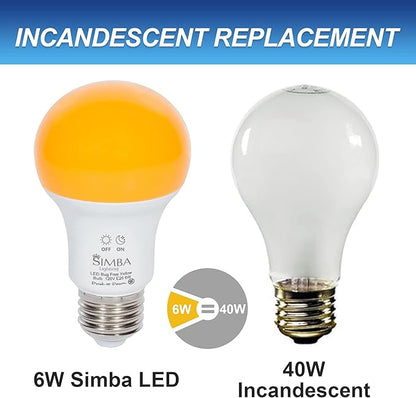 Simba Lighting Bug Non-Attracting Yellow LED Bulb 6W 40W Equivalent, Great for Outdoor Porch Light, Night Light, Dusk-to-Dawn Smart Sensor Auto On/Off, Amber Warm Light, A19 E26 Medium Base, Pack of 2