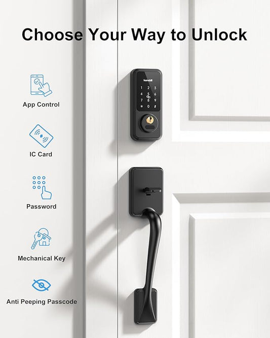 Smart Keyless Entry Door Lock with Handle, Hornbill Front Door Lock Set, Keypad Code Deadbolt with Lever, Digital Touchscreen via Alexa/Bluetooth/Keyfob/Key