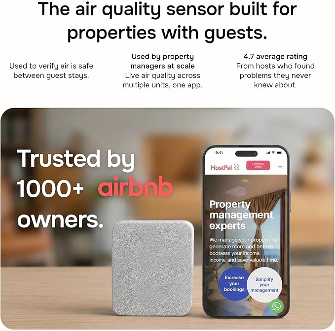 WiFi CO2 Detector & VOC Air Quality Monitor — Smart Indoor Tester with App Alerts, LED Display, Temp & Humidity Tracker for Home, Office, Bedroom & Airbnb (Alexa & Google Home)