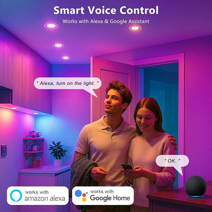 2 Inch Smart LED Recessed Lighting, 5W WiFi RGB Downlight, CCT 2700-6500K Dimmable Color Changing Recessed Ceiling Light, 110V Recessed Light Compatible with Alexa & Google Home with LED Driver 6 Pack