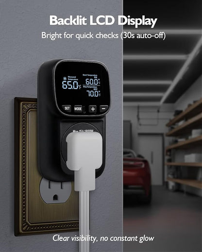 Temperature Controlled Outlet, Heavy Duty 15A 1800W Heating Cooling Thermostat Plug Outlet, -40℉~210℉ LCD Display Plug in Thermostat for Heater Greenhouse Incubator Homebrew Heat Lamp