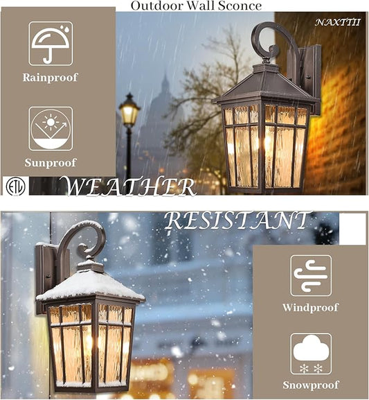 Porch Lights Outdoor 14 Inch Height Exterior Lighting Fixtures ORB Finish and Water Ripple Glass Outside Lights for House Garage and Garden E26 Socket