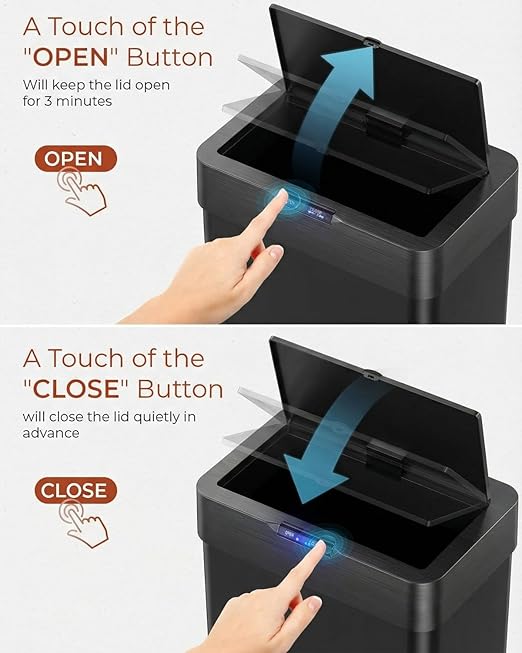 TLSUNNY 13.2 Gallon Motion Sensor Trash Can,Touchless Automatic Garbage Can,Brushed Stainless Steel Smart Bin,with Bag Holder,Soft Close Lid,for Kitchen,Office,RV,Bedroom,Living Room (Black, 50L)