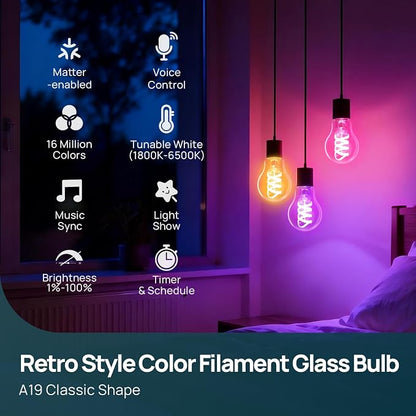 Linkind Matter A19 Smart Light Bulbs, Alexa/Apple Home, 2Pack (Pack of 2) | Smart Edison Bulb, Voice Control, Music Sync, Timer, Tunable White(1800K-6500K), Vintage Decor E26 LED Filament 60W 850LM