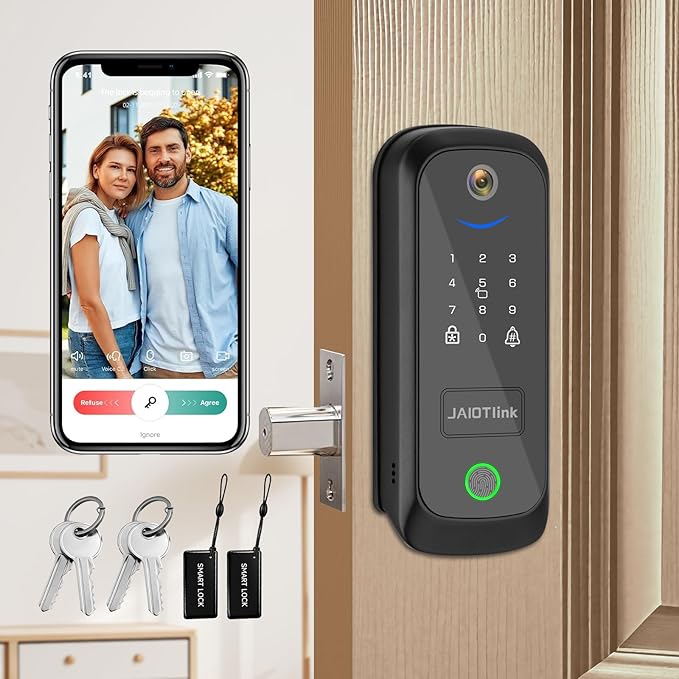JAIOTlink 5 in 1 Smart Lock for Front Door, Keyless Entry Deadbolt with Camera & Doorbell, WiFi Secure Electronic Lock for Home, Fingerprint, Keypad, Voice Changer, Compatible with Alexa, Black