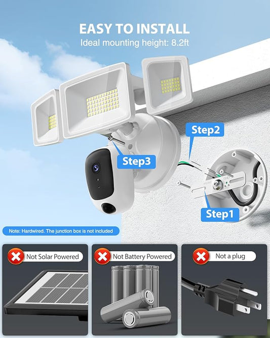 6500LM Floodlight Camera Hardwired, 2K HD Security Camera Outdoor with Motion-Activated, Color Night Vision, 24/7 Recording, 2-Way Audio, 2.4G WiFi, Built-in Siren, Works with Alexa & Google