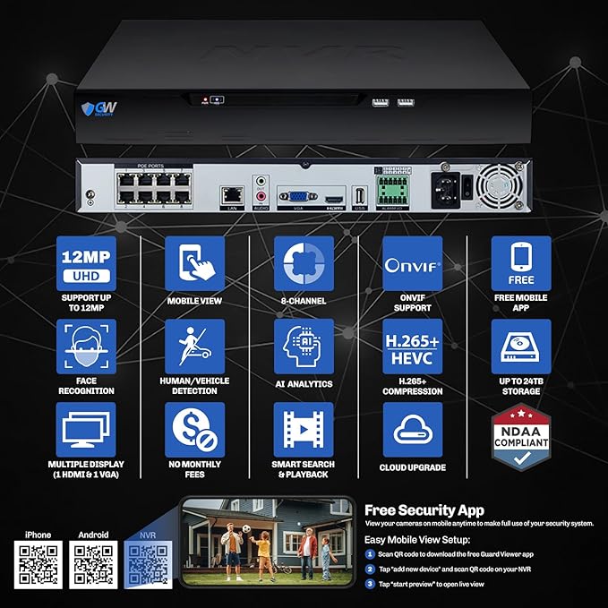 GW Security 8 Channel 12MP NVR Face Recognition/Human/Vehicle Detection 4K 8MP Security Camera System - Eight 8MP 2160P Outdoor Microphone AI Bullet Cameras, Video & Audio Recording, 2TB Hard Drive