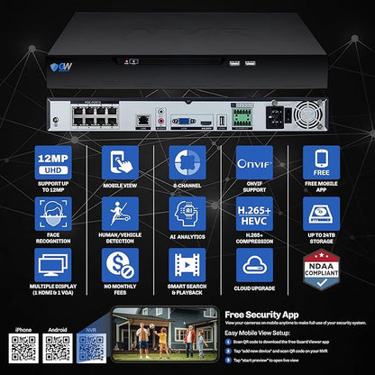 GW Security 8 Channel 12MP NVR Face Recognition/Human/Vehicle Detection 4K 8MP Security Camera System - Eight 8MP 2160P Outdoor Microphone AI Bullet Cameras, Video & Audio Recording, 2TB Hard Drive