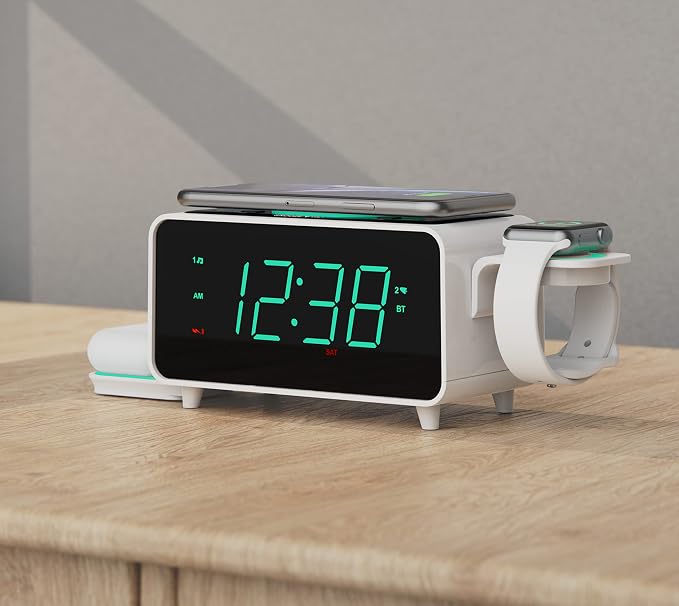 Emerson Smartset Dual Alarm Clock FM Radio with Wireless Charging, Bluetooth Speaker, Ultra Fast Charging for Airpods/iPhone, Foldable Stand, USB Charger, Adjustable LED Glow, ER100501