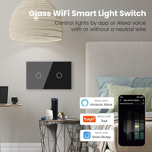 Smart Switch Neutral Wire Optional,APP Control,Black 2 Button | 4.65 X 2.83 X 1.34 Inches,Only 2.4GHz Wi-Fi,Voice Control,Work with Tuya/Smart Life/Alexa,Tempered Glass Panel
