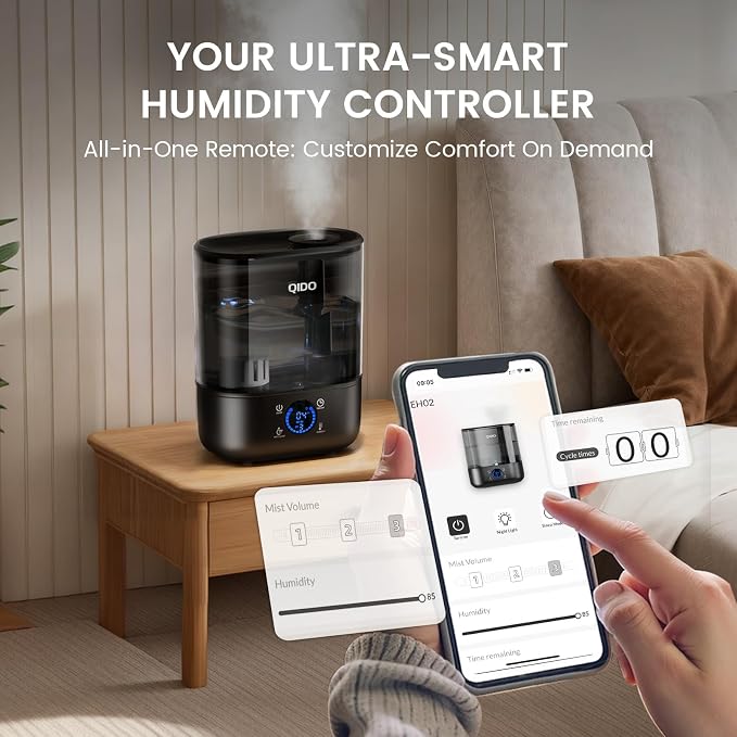 COMHOMA Humidifiers for Bedroom, 5L Top Fill for Large Room, 36H Runtime, 28 dB Quiet Cool Mist Air Humidifier for Baby Nursery, Plants, Indoor, APP/7-color Nightlight, Easy to Clean & Fill, Black