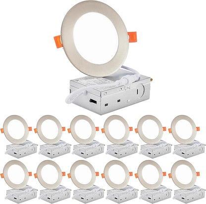 DLLT LED Recessed Ceiling Lights: 12 Pack 4 Inch 5CCT Ultra-Thin Lighting with Junction Box for Bedroom - 900LM Brightness 9W Eqv 80W Dimmable Canless Wafer Downlight with ETL&FCC-Nickel Brush