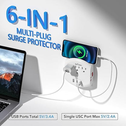 BN-LINK 3-Outlet Extender, Multi Plug Outlets with 3 USB Ports (3.4A Total), Dusk-to-Dawn Sensor Night Light, Surge Protector with Top Phone Holder, for Traveling, Home, School, Office