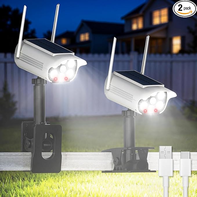 Tryme 2 Pack Fake Security Camera Solar Light with Flashing Red LED Clip-On Adjustable Dummy CCTV, 500 Lumen, 3 Modes & Motion Sensor for Porch, Yard, Garage (No Drill, Wireless)