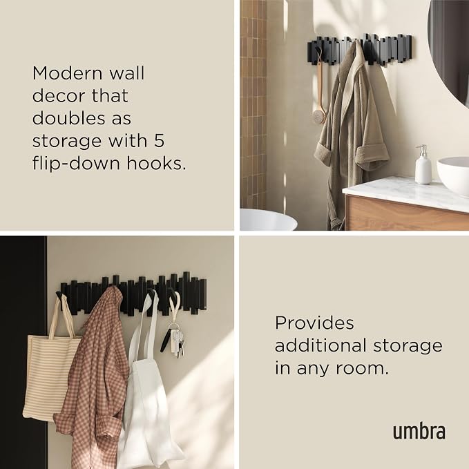 Umbra Sticks Wall Coat Rack, Wall Mount 8 Retractable Hooks, Black | Modern sculptural look, holds five pounds each, fits entryways and bedrooms, easy to install, recycled plastic