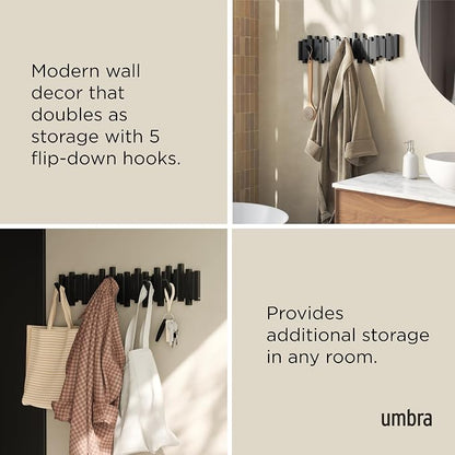 Umbra Sticks Wall Coat Rack, Wall Mount 8 Retractable Hooks, Black | Modern sculptural look, holds five pounds each, fits entryways and bedrooms, easy to install, recycled plastic