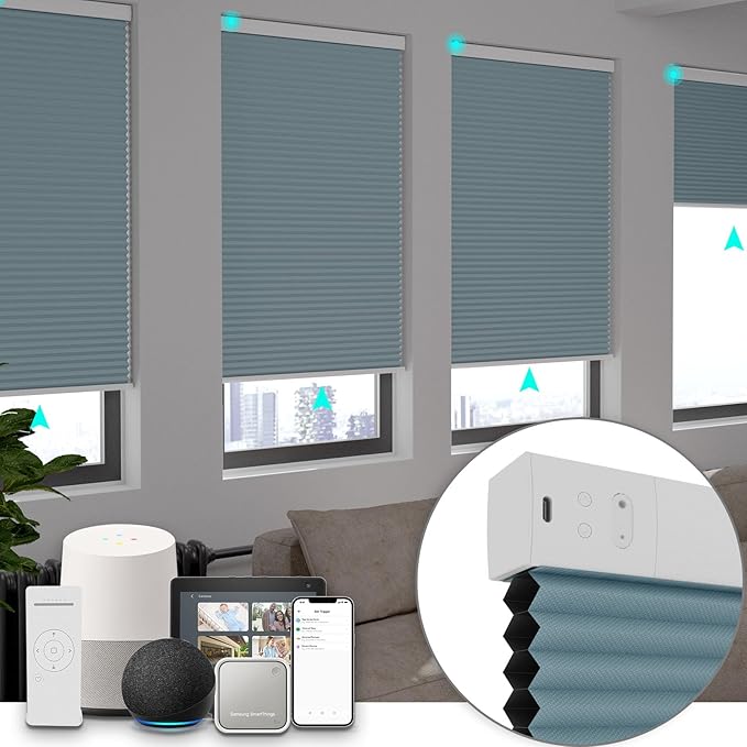 Changshade Blackout Smart Blinds Cellular Shades for Windows Doors Motorized with Remote Control, Custom Size Automatic Honeycomb Blind Electric Power Compatible with Alexa, Google Home, Blue
