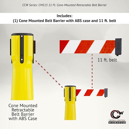 Trafford Industrial 11 ft Cone-Mounted Retractable Belt Barrier Red Case with Orange Belt