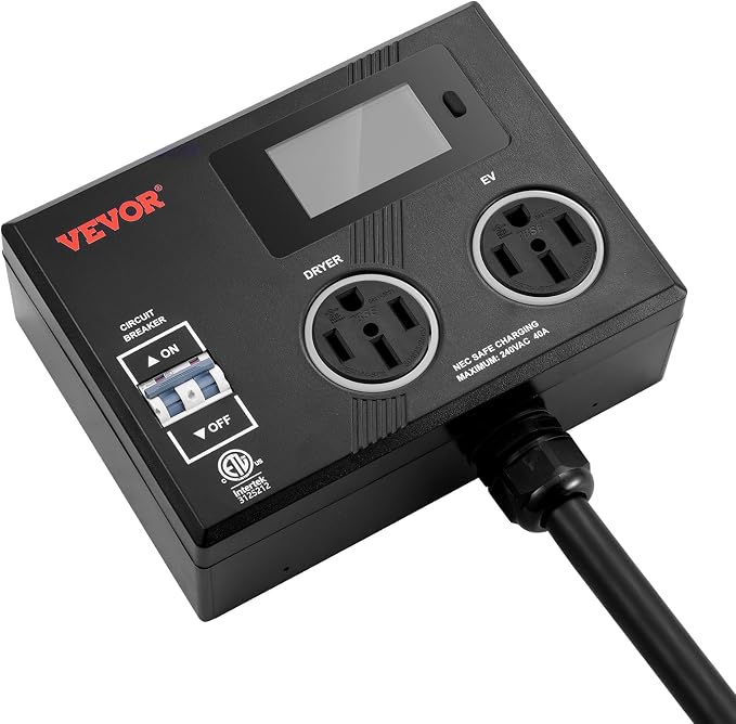 VEVOR NEMA Splitter for Dryer and EV, 3-Color LED Indicator, 240V Smart Power Distribution, with NEMA 14-50 Plug, Two NEMA 14-50 Outlets, 3.4 in LCD Screen, Max 40A Dryer EV, Tested to ETL Standard