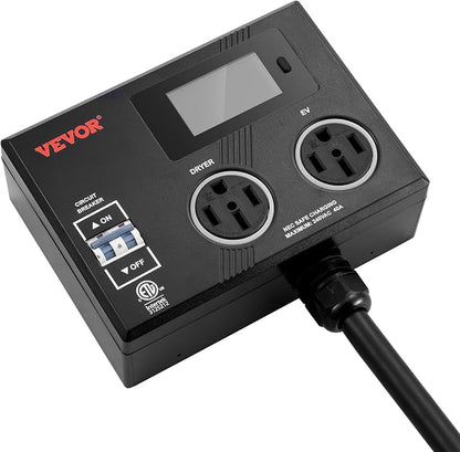 VEVOR NEMA Splitter for Dryer and EV, 3-Color LED Indicator, 240V Smart Power Distribution, with NEMA 14-50 Plug, Two NEMA 14-50 Outlets, 3.4 in LCD Screen, Max 40A Dryer EV, Tested to ETL Standard