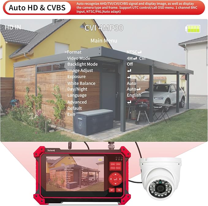 Rsrteng CCTV Tester Monitor Auto HD Coaxial Camera Tester 4K 8MP TVI/CVI/AHD/CVBS Video Monitor 5 inch TFT-LCD Screen Support Cable Tester, HD VGA Input PTZ Control RS485 OSD Menu DC12V Power Output