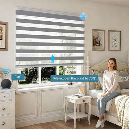 Interior Window Shades, Smart Dual Layer Light Filtering Blinds Compatible with Alexa & Google Home, Customized Size Cordless Electric Window Shades, (Gray, 70% Blackout)