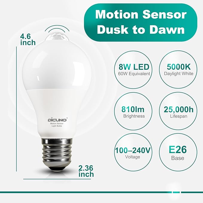 DiCUNO PIR Motion Sensor Light Bulbs Outdoor, 8W (60W Equivalent), Motion Activated Dusk to Dawn Security LED Bulb, for Front Porch, Front Door, 810LM, 5000K Daylight White, 2 Pack