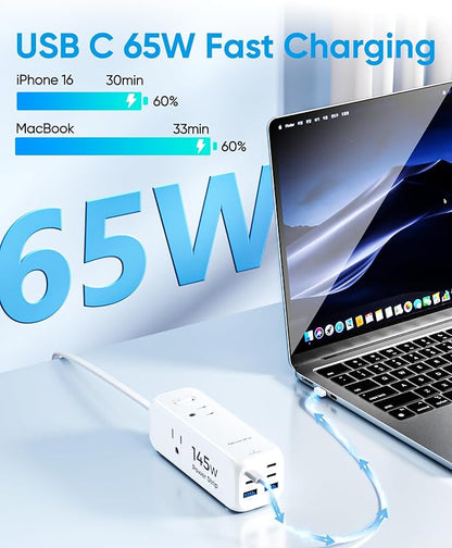 Olcorife 145W USB Power Strip, 5FT Flat Plug Extension Cord with 3 AC Outlets 6 USB Ports(4 USB C&2 USB A), 2000 Joules Surge Protector, Multiple USB Outlet Strip for Home Dorm Travel Essentials