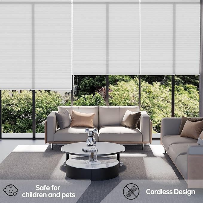 Cellular Shades Light Filtering Honeycomb Blinds for Indoor Windows, Cordless Cellular Shades 1.5 inch Cell Pleated for Bedroom Home Office, Custom Size, Half Shading White