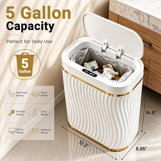 Ogikey Bathroom Trash Can with Lid, 5 Gallon Automatic Touchless Garbage Can, Motion Sensor Smart Trash Bin, Slim Waterproof Waste Bin for Living Room, Bedroom, Office, Kitche