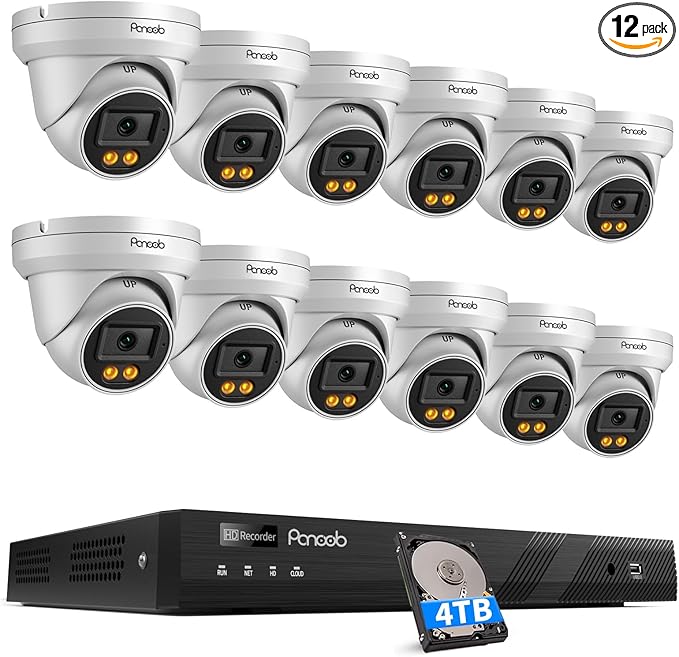 16 Channel Security Camera System, 12x 5MP Wired IP PoE Dome Camera w/Smart Spotlight Color Night Vision, AI Human Detection, Built-in Mic, Remote Access, 4K 16CH NVR 4TB HDD, PD93BA1216-5MD