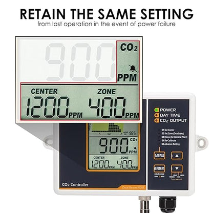 CO2 Controller Carbon Dioxide Controller with Auto Day and Night&Relay Function CO2 Monitor NDIR CO2 Sensor for Greenhouse, Grow Room, Grow Tent