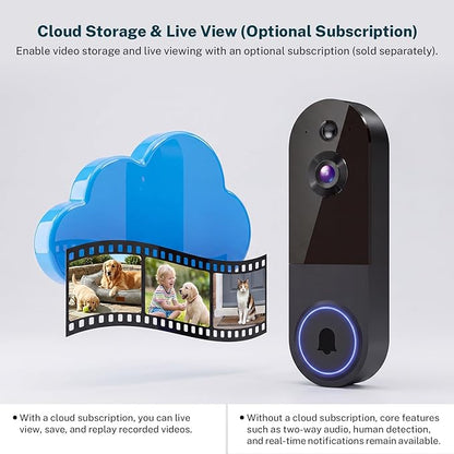 ClipBlur 1080p Wireless Wi-Fi Video Doorbell Camera with Night Vision, Pet Camera, Two Way Audio, 2.4G WiFi Only, AI Motion Detection and Cloud Storage (Sold Separately)