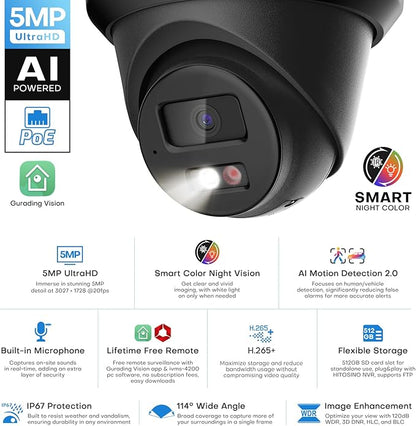 5MP IP PoE Camera, Outdoor Turret Camera with Mic/Audio, Hikconnect/SADP/iVMS4200, Smart Color Night Vision, Low Light Starlight, Human Vehicle Detection, 114° FOV, Metal IP67, 512GB SD Slot