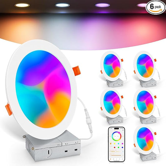 LED Recessed Lighting 6 Inch, Color Changing Smart Canless Recessed Lights | 16 Millions RGBCW Colors, 16W 1500LM Downlight, Compatible with Alexa, Voice & App Control with Junction Box, 6Pack