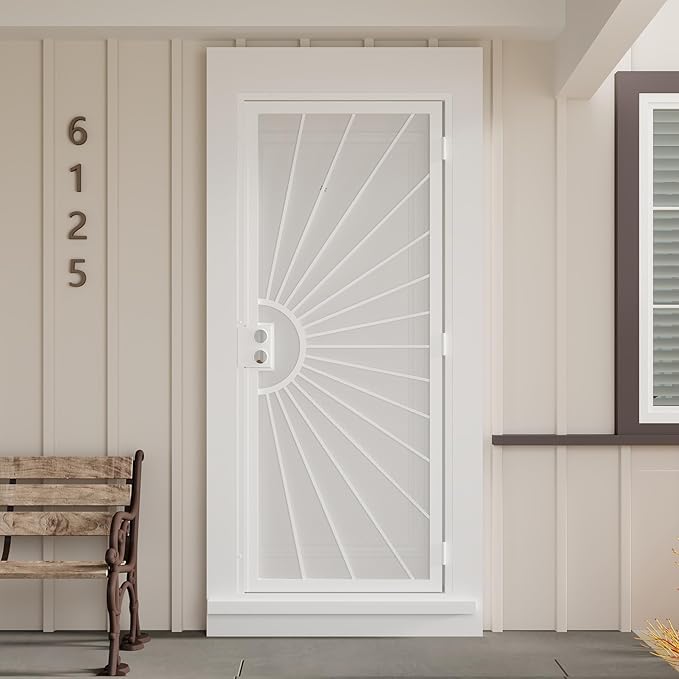 JUBEST 32 in. x 80 in. Security Door, Exterior Front Entry Door, Outswing Steel Security Door with Perforated Metal Screen, Powder Coated White, Lock Not Include